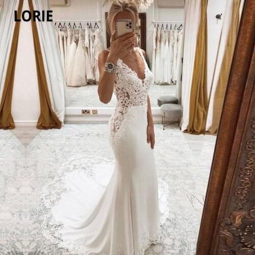 LORIE Boho Wedding Dresses V-Neck Appliques Lace Custom Made Vintage Mermaid Wedding Gowns White Birde Dress vestido de noiva