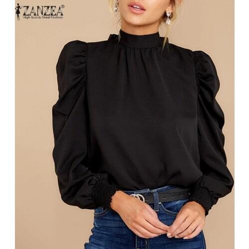 Women Spring Long Puff Sleeve Work Blouses ZANZEA Fashion Business Solid Smocking Shirts Casual Office Lace Up Tops Plus Size
