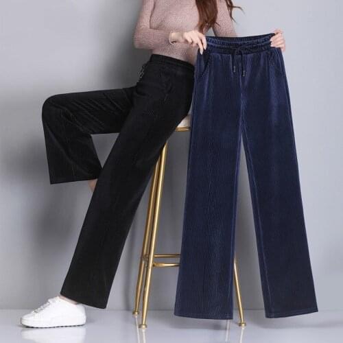 Plus Size 4XL Women Elegant Black Pants Lace Up Elastic Waist Winter Spring Casual Full Length Trousers Corduroy Pantalones
