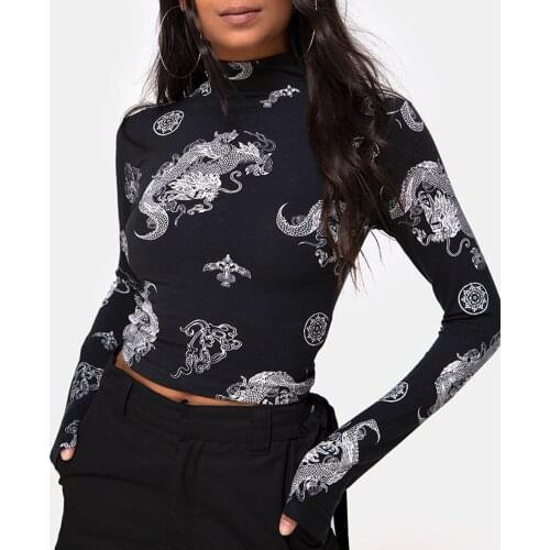 40# Womens T-shirts Dragon Printed Long Sleeve High Neck Embroidered Sexy T-shirt Top Vintage Gothic Harajuku Elegant Tshirts
