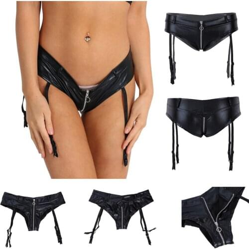 Womens Lingerie Zipper Open Crotch Underwear Faux Leather Low Rise Briefs Panties with Garters Stage Performance Rave Costumes