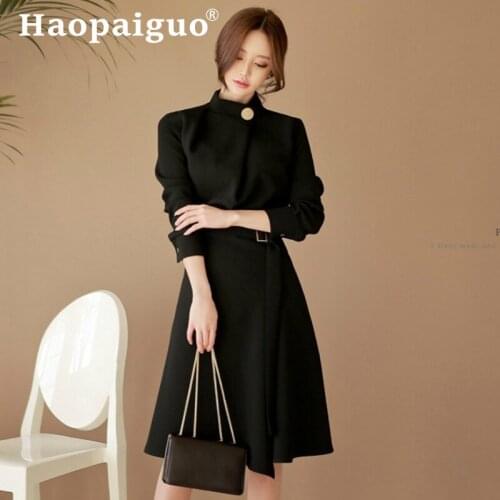 Large Size Autumn Winter Stand Black Dress Women Long Sleeve Corset Midi Bodycon Dress Women Solid Vestidos Mujer Robe Femme