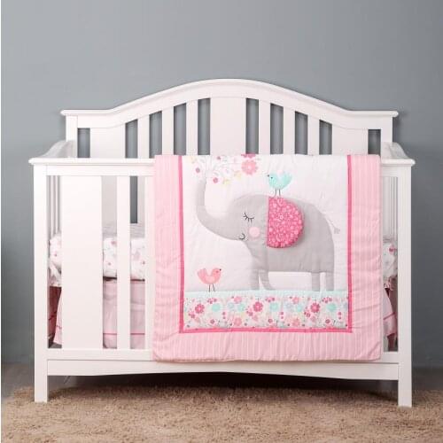 3 pcs Baby Crib Bedding Set pink elephant hot sale including quilt, crib sheet, crib skirt