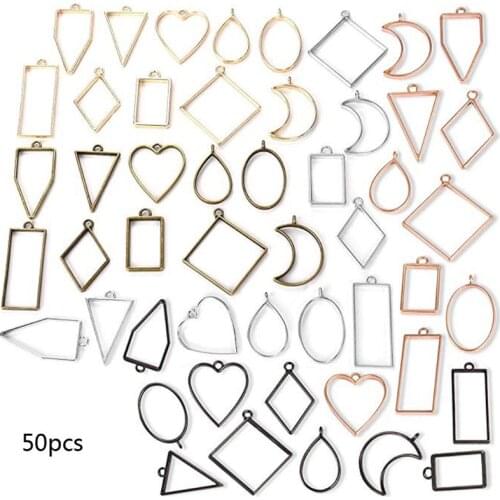 50Pcs Assorted geometric hollow frame tray open bezel pendant resin mold DIY embossed frame jewelry accessory