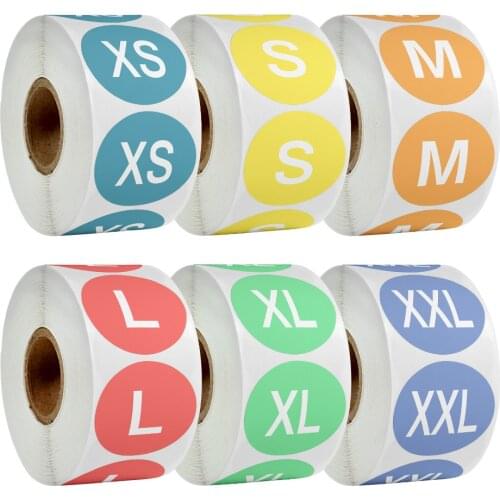 500Pcs/Roll Pantone Color Size Stickers 2.5 CM Clothing Size Round Sticker Color Labels 6 Sizes (XS, S, M, L, XL,XXL)