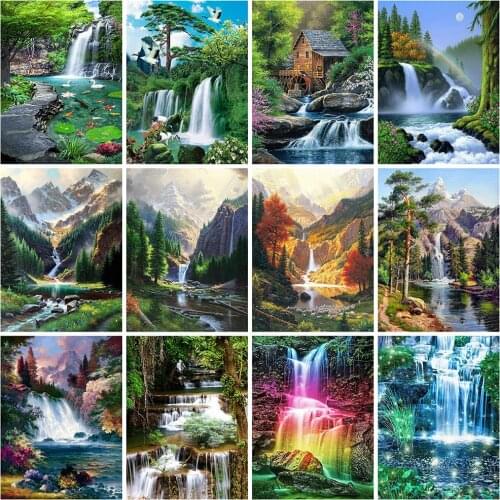 HUACAN 5d Diamond Painting Waterfall Mosaic Landscape DIY Diamond Embroidery Nature Mountain Wall Art Needlework