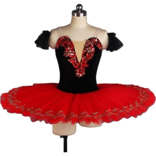 Top Quality Professional Ballet Dance Tutu Black Velvet Bodice with Red Pancake Tutu Skirt Girls & Women Ballerina Tutus BLL418