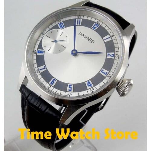 43mm 17 jewels 6497 hand wind mens watch brushed case sapphire glsaas silver black dial blue marks hands waterproof 12