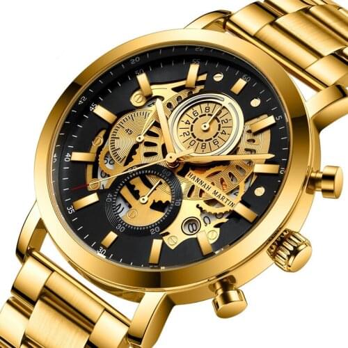 2021 Multifunctional Mens Calendar Watch Hollow Quartz Black Gold Business Waterproof Steel Band Wrist Watch Chronograph Box
