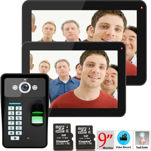 9" 2 Monitors Recording RFID Password Fingerprint Recognition 900TVL Video Door Phone Intercom Rainproof Night Vision 8G TF