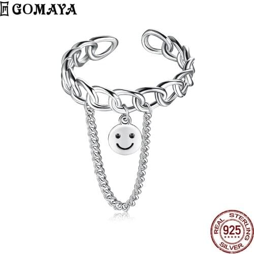 GOMAYA Ring For Women 925 Sterling Silver Inlay Cubic Zirconia Eye Smile Face Chain Rings Simple Trendy Anniversary Fine Jewelry