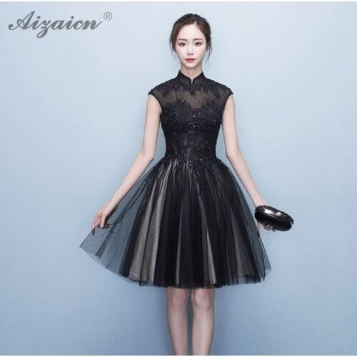 Summer Fashion Black Evening Dress Cheongsam Modern Femme Elegant Mini Qi Pao Women Chinese Evening Dresses Qipao Robe Orientale