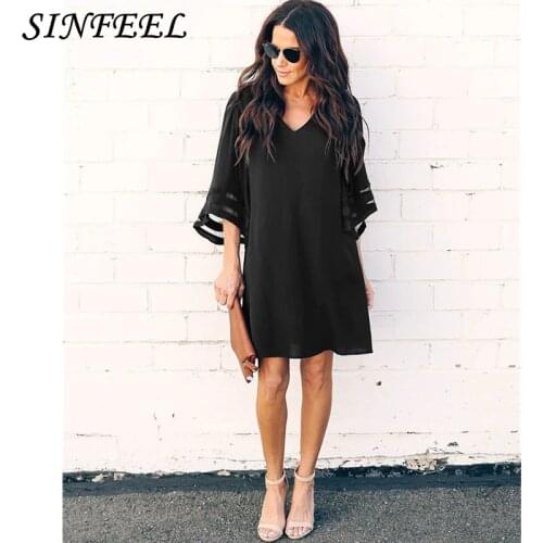 Summer Women Solid Sexy Dress 2019 Spring Flare Long Sleeve Loose Party Elegant Mini Dress vestidos robe femme Plus Size S-2XL