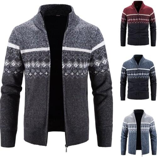 Mens fashion splice contrast color sweater cardigan casual loose autumn and winter fleece warm wool sweater jacket