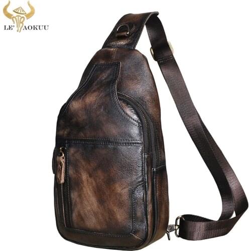 New Men Natural Leather Casual Fashion Triangle Sling Chest Bag Design Daypack Designer One Shoulder Cross-body Bag Male 6601