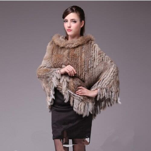 Autumn Winter Womens Real Genuine Knitted Rabbit Fur Poncho Raccoon Fur Hoody Wraps Lady Tassels Capes Female Stole VF0366