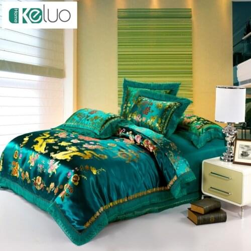 Keluo Red satin Dragon and Phoenix Chinese Wedding Bedding set print Modern suits Jacquard Bedclothes Queen/king size