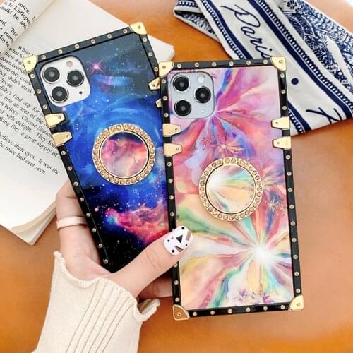 Luxury Colorful Stars Sky Square Case For iPhone 11 Case 12Pro XS Max XR X 7 8 Plus Dream Glitter Flowers Ring Holder Soft Cover