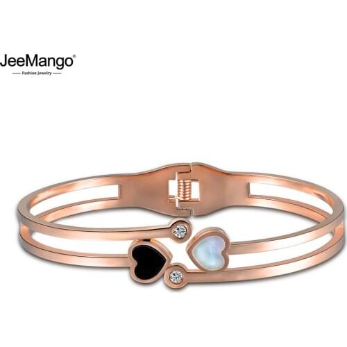 JeeMango Black & White Double Love Cuff Stainless Steel Wedding Bangles & Bracelet Mosaic Shell Love Bracelets For Women JB17002