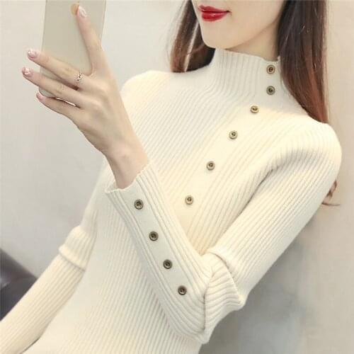 Casual Sweater Slim Half-neck Solid Color Button long-sleeve 2021 Autumn Winter New Korean Sweaters Vestidos LXJ774