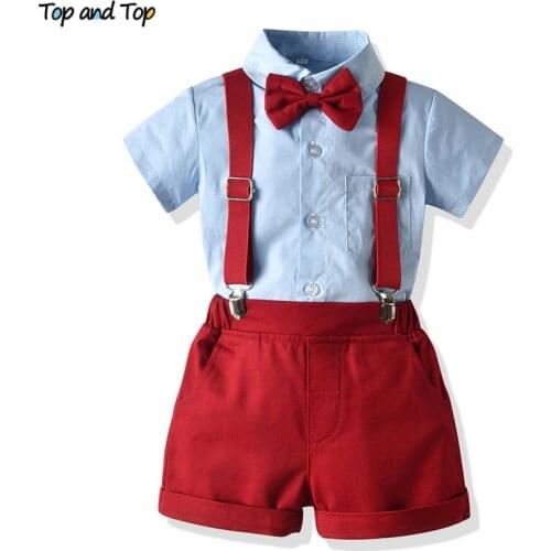 Top and Top Newborn Baby Boy Gentleman Clothes Set Short Sleeve Bowtie Shirt Tops+Suspenders Shorts Outfits Infant Formal Suit