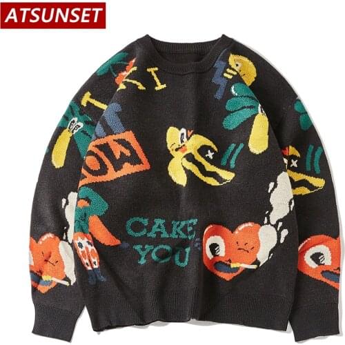 ATSUNSET Cartoon Fun Fruit Embroidery Sweater Harajuku Retro Style Knitted Sweater Autumn And Winter Cotton Pullover Tops