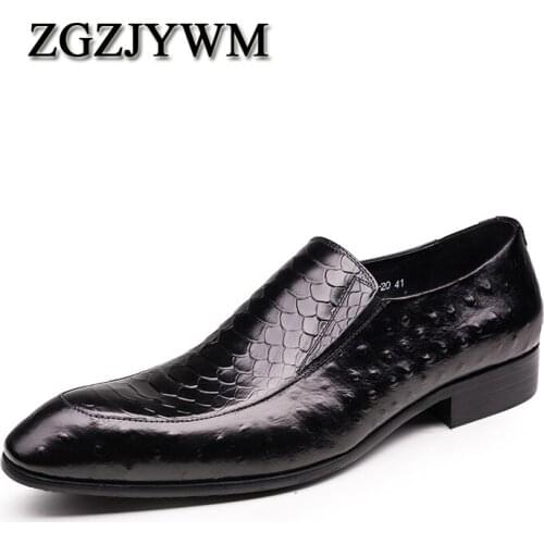 ZGZJYWM Spring/Autumn Ostrich Style Black/Red Loafers Pointed Toe Slip-On Genuine Leather Wedding Oxford Dress Office Mens Shoes