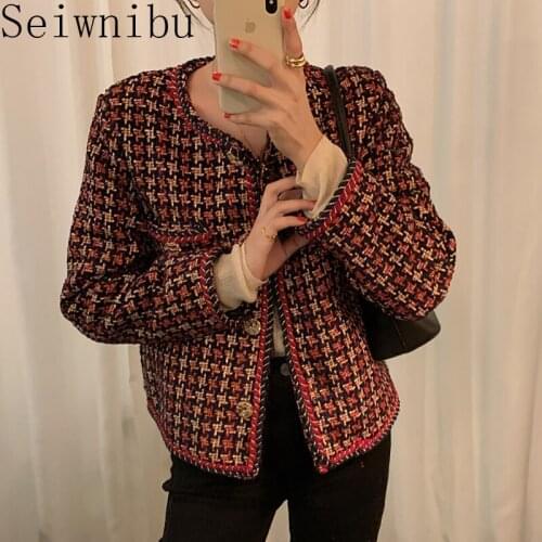 Red Plaid Jacket 2020 Spring/Autumn Womens Jacket Round Collar Fringe Houndstooth Sisters Slim Winter Woolen Jacket