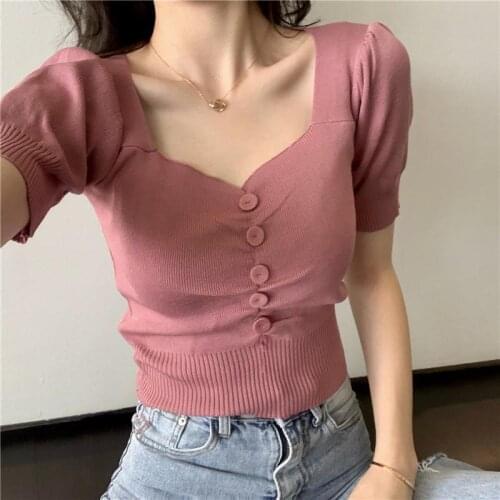 Woman TShirts 2020 T-shirt Womens Summer Slim-Fit Crop-Top Short Sleeve V-neck Crop Top Mujer Camisetas