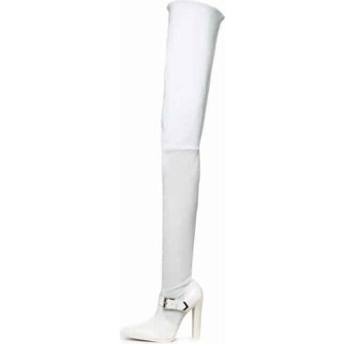 Chuassure female boots super high chunky heels pointed toe over the knee buckle decoration women thigh high dress white boots