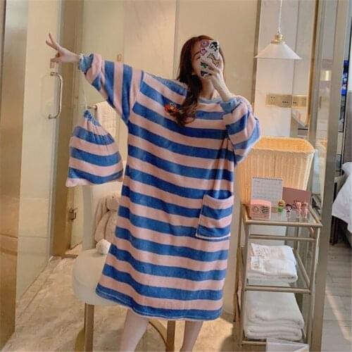 Long-sleeve striped night dress hot sale nightgown female flannel thickening fashion robe loose plus size home service пижама