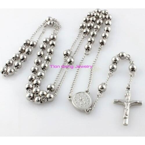 Men Women Fashion Silver Color Jewelry Stainless Steel Catholic Religous Rosary Cross Necklaces Beads,Wholesale 5pcs/lot