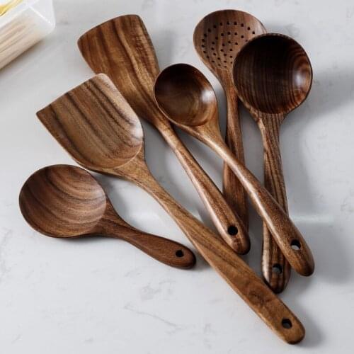 7 unids/set de teca de madera Natural vajilla cuchara Turner arroz colador de sopa Skimmer de cocina cuchara de cocina