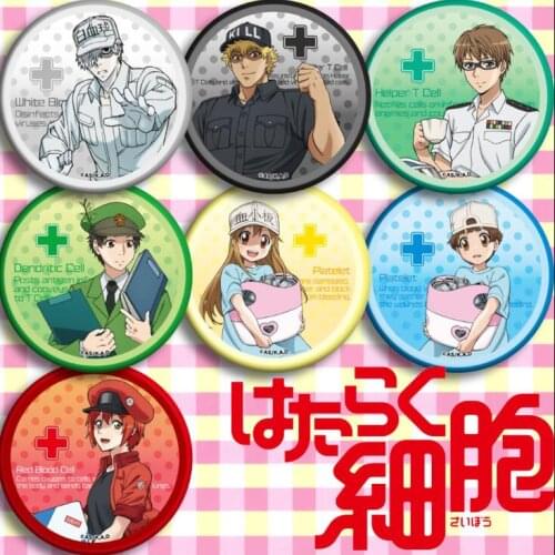 7pcs/1lot Anime Cells At Work White Blood Cell Red Blood Cell Platlet Figure 5020 Badges Round Brooch Pin Gifts Kids Toy