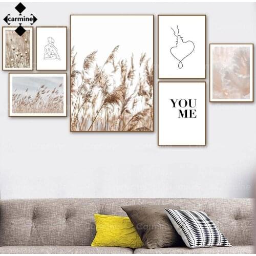 Abstract Figure Line Canvas Wall Art Poster Nature Landscape Painting Lady Kiss Picture Field Plant Reed Print Picture for Decor