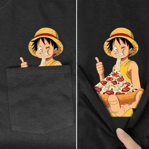 Anime One Piece Funny Cotton T-Shirt Pocket Luffy Eat Pizza Printed TShirt Harajuku Casual Tee Hip Hop Tops Black Cotton Clothes