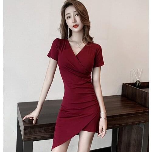 Irregular Sexy Women Dresses 2021 Summer Slim Mini Package Hip Female Dresses V-Neck High Waist Short Sleeve Dress LJ3259
