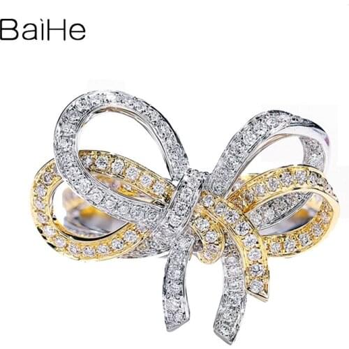 BAIHE Genuine Solid 14K White+Yellow Gold H/SI Full Cut Natural Diamond Ring Wedding Band Fine Jewelry Kольцa Bowknot Ring Gift