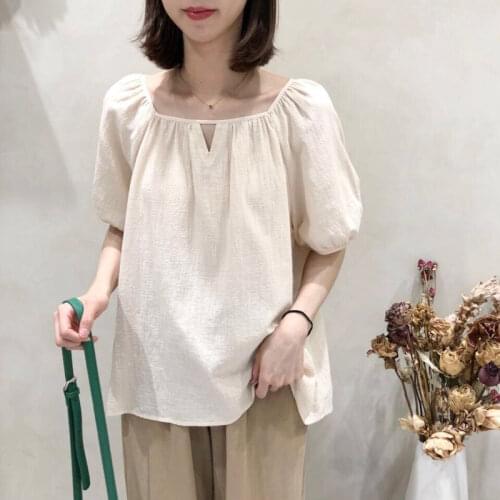 Square Collar Cotton Linen Women T-Shirts Summer Vintage 2021 Solid Loose Casual All Match Female Pulls Outwear Tops Tees