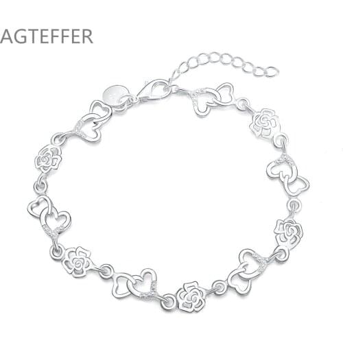 AGTEFFER 925 Sterling Silver Full Heart Flower AAA Zircon Bracelet For Women Wedding Engagement Party Fashion Jewelry