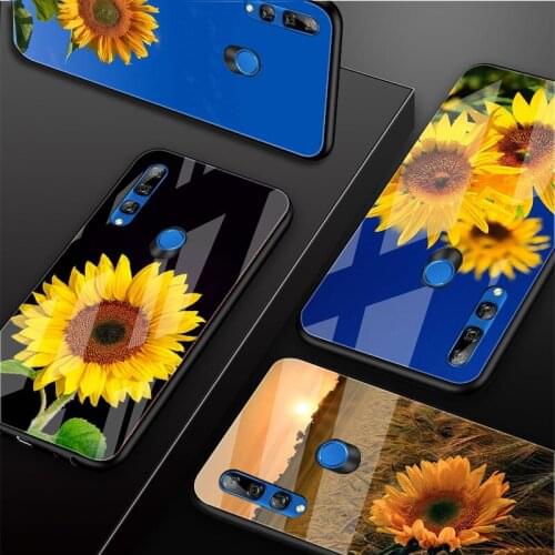 Yellow flower sunflower Tempered Glass Phone Case For Huawei honor 8X 9 10i 20i 20Lite 20Pro 30 Pro Cover Shell