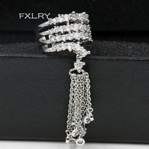 FXLRY Luxury Jewelry Micro Paved White Color Cubic Zircon Long Tassel Adjustable Ring For Women Accessories