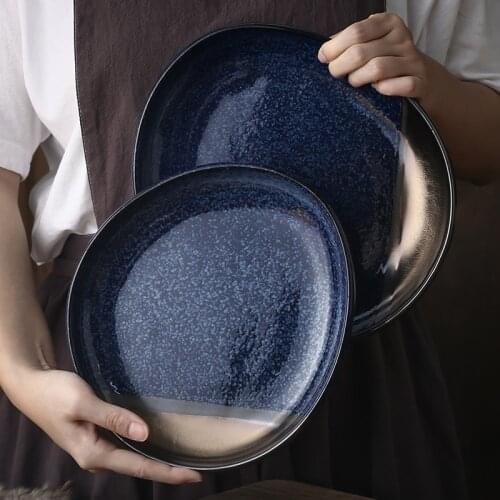 Japanese style blue color glaze with gold paint ceramic dinner plate accent plate