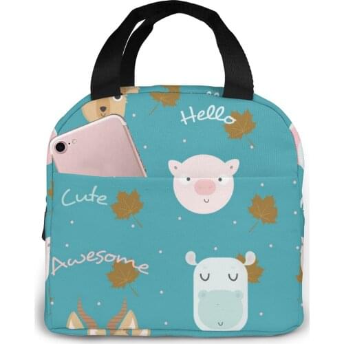 Cute Animals With Words Lunch Food Box Bag Insulated Thermal Food Picnic Lunch Bag for Women kids Men Cooler Tote Bag