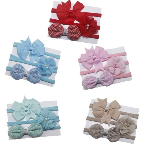 New 3pcs/lot Baby Girls Chiffon Flower Pearl Headbands Ribbon Bows Newborn Kids Nylon Headwear Photo Props Hair Accessories Set