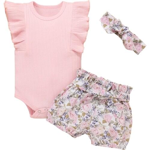 Telotuny Toddler Kids Baby Girls Ruffle Solid T Shirt Tops Romper Floral Print Shorts Headband Outfits Baby Girl Clothes Set