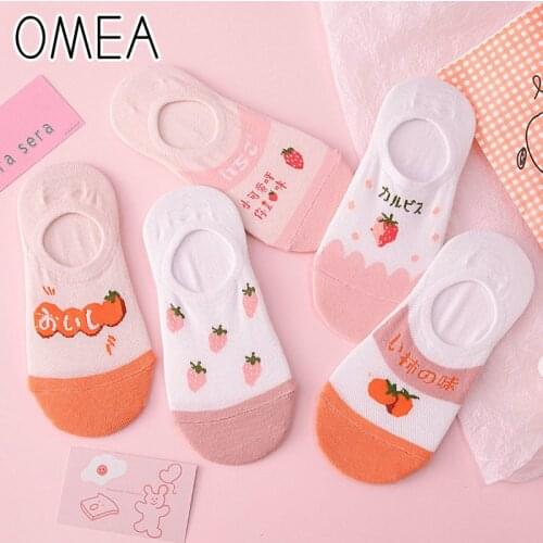 OMEA Strawberry Socks Women Cotton Cute Cartoon Socks Non-Slip Socks Harajuku Japanese Fashion Cherry Tomato Pink Ankle Socks