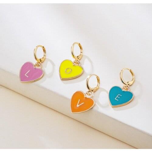 Origin Summer Fantisy Yellow Pink Orange Blue Color Metal Love Heart Letters Print Dangle Earrings for Women Ladies Jewelry