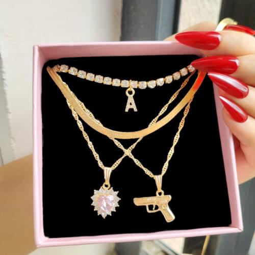 Statement Pistol Pendant Necklace For Women Multi-layer Heart Letter Rhinestone Choker Necklaces Boho Trendy Party Jewelry Gift