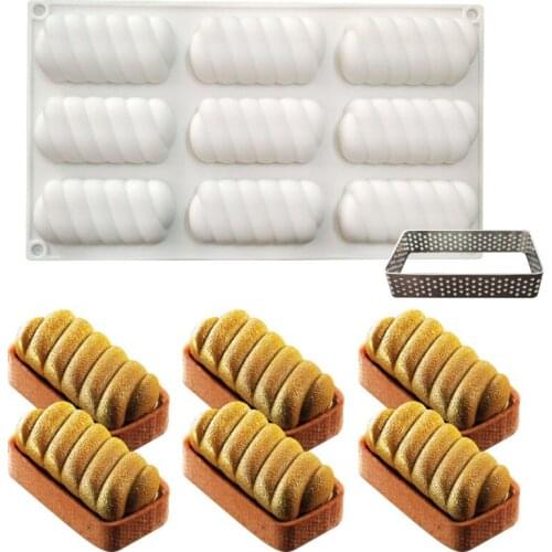 Silicone Mousse Cake Molds 3D Bakeware DIY Mould, Stainless Steel Rectangular Crispy Tool, 8 Holes Twisted Tart Shape